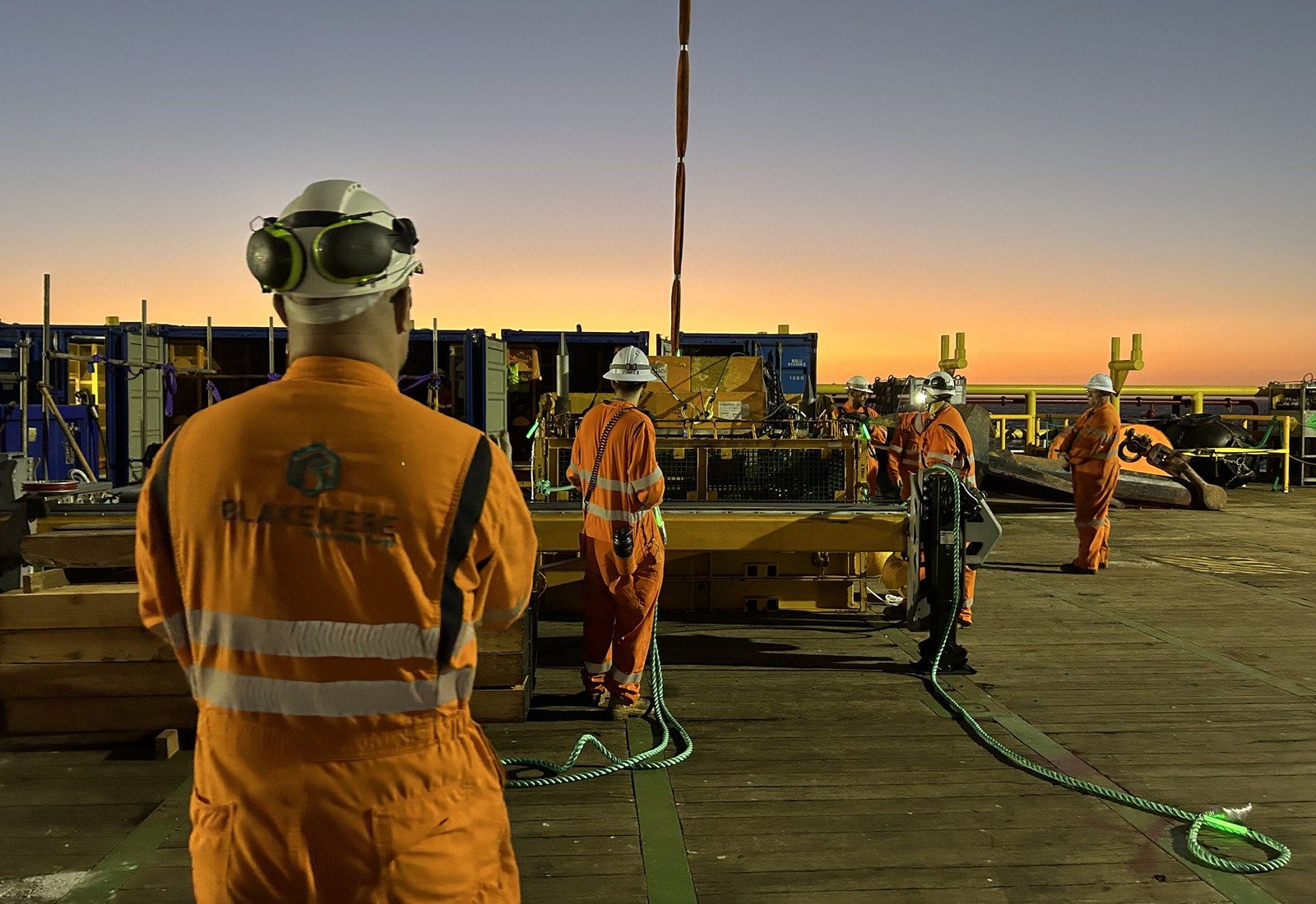 Blakemere crew on deck at dawn preparing subsea tooling for deployment