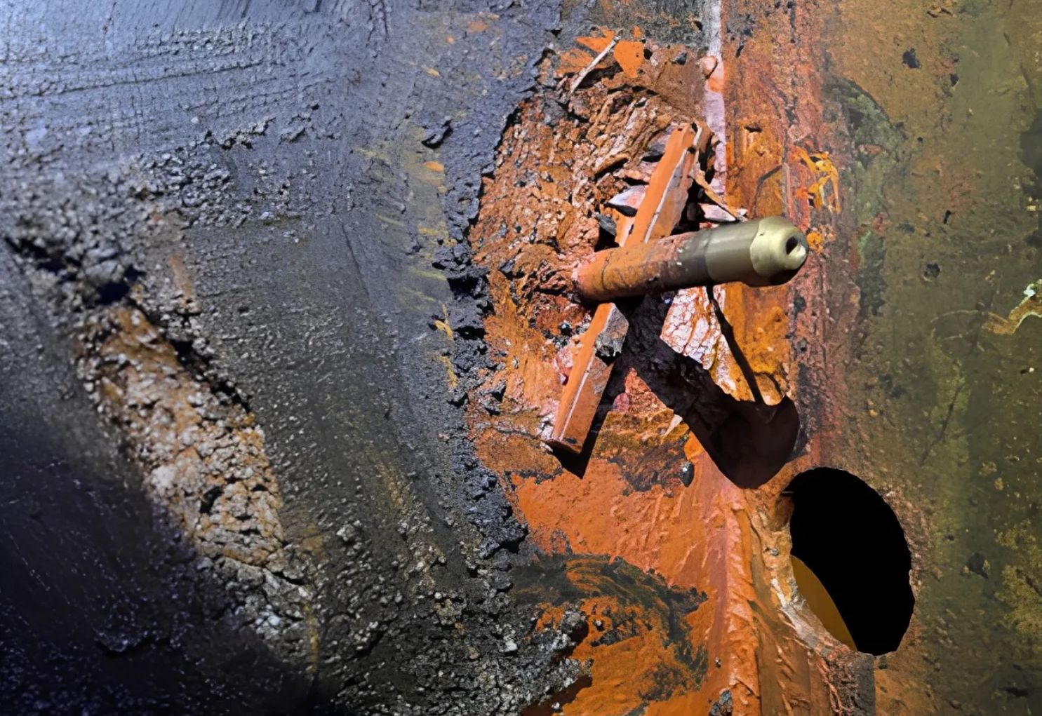 Corroded and scaled steel hull plate with a rust-covered fitting and an open circular perforation