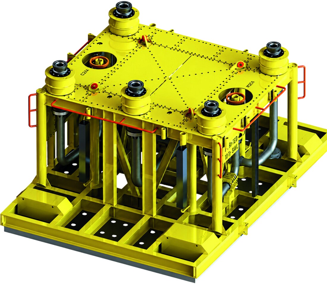Design render of a subsea manifold, valve stacks and piping on a framed mudmat base with ROV interface panels on the roof