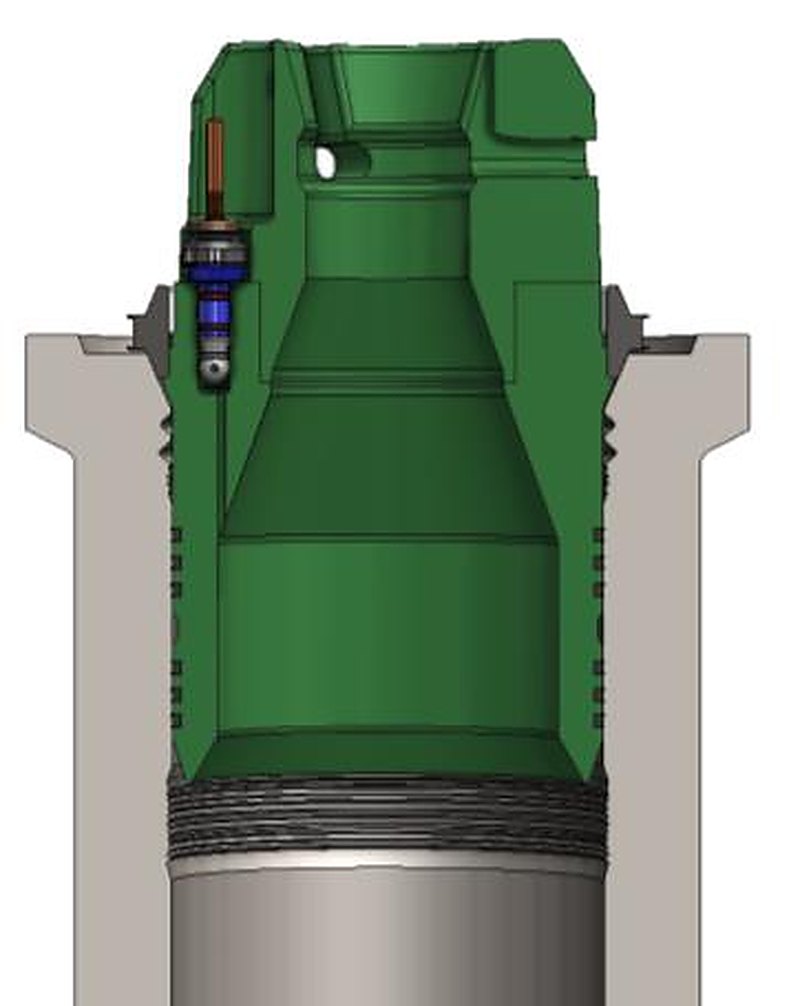 Section through the wellhead repair sleeve landed in the bore, showing the new sealing surfaces it presents