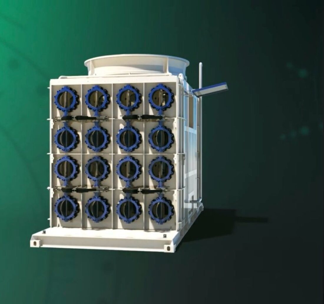 Design model of the capture cell array, sixteen valved chambers holding the Liquid Amine Particle material