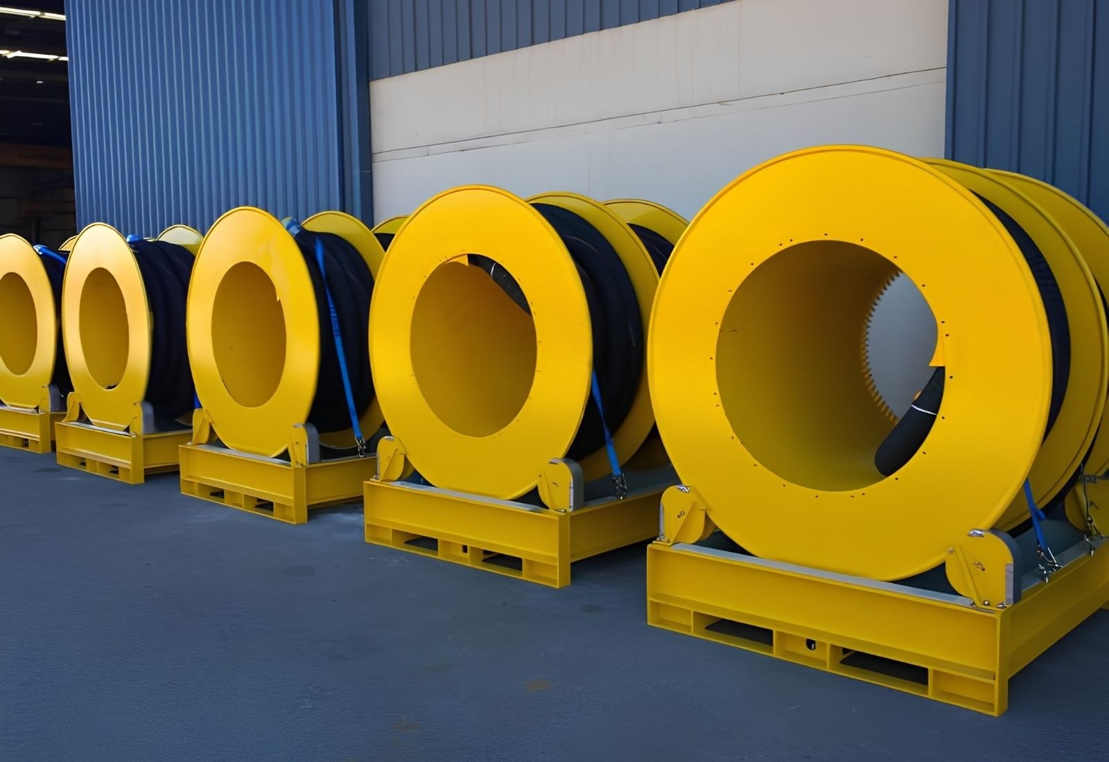 Five modular hose reels on transport frames with forklift pockets, loaded and ready for despatch