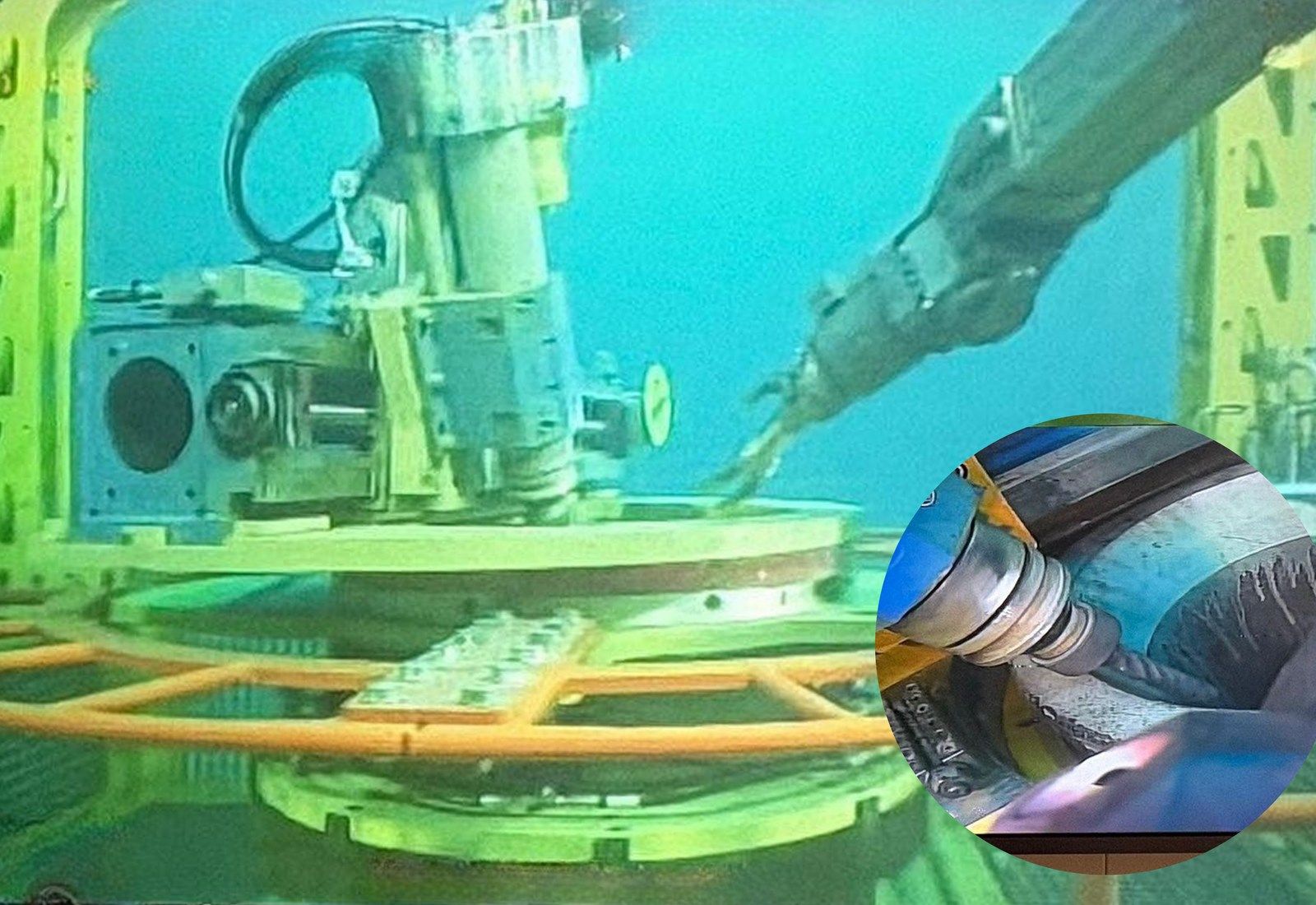 The in-situ machining tool cutting the wellhead sealing surface, with an inset close-up of the cutter head