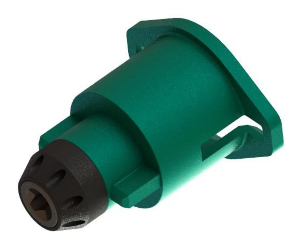 Render of the Class 5 to Class 4 torque tool adaptor, a green tapered body with a mounting flange at one end and a black drive nose at the other