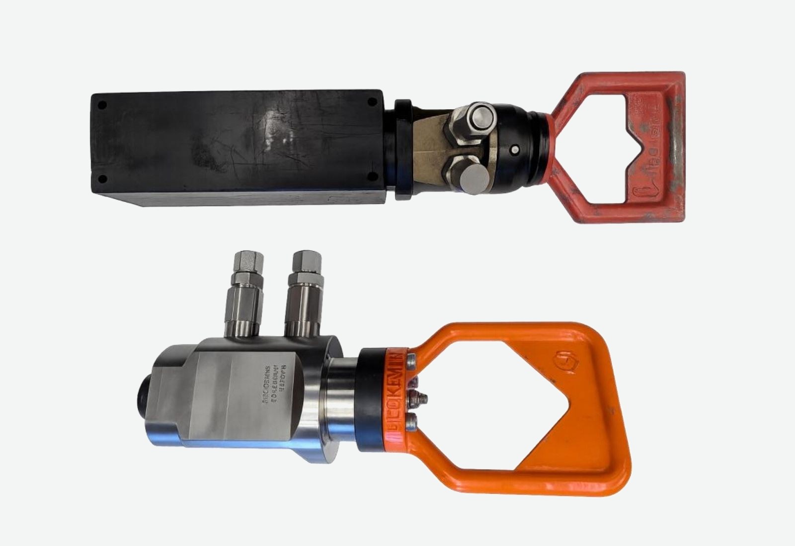 Two ROV hot stabs side by side, a black single-port unit above and a bespoke twin-port stainless unit below, both with ROV handles