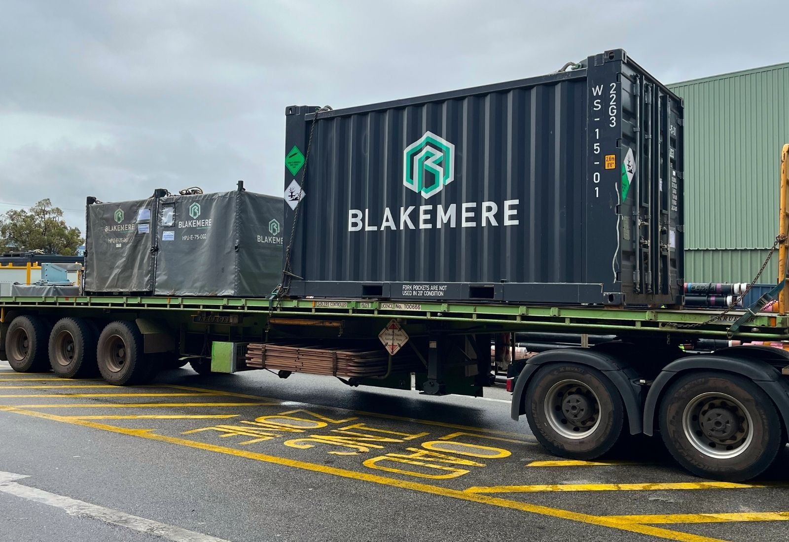Blakemere-branded offshore containers loaded on a road transport trailer