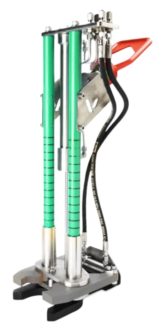 Tronic and Hot Stab Extraction Tool standing upright, two green ribbed hydraulic cylinders on a stainless base plate with gripping jaws, black hoses and a red ROV handle at the top