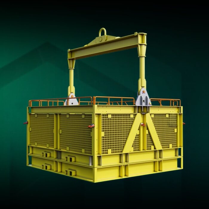 Render of a subsea basket with mesh sides and a four-point lifting frame.