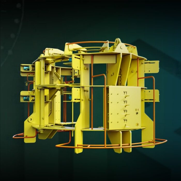 Design render of the buoyancy removal tool, a framed structure with guide rails and numbered valve positions