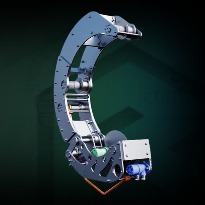 Render of a C-shaped articulated frame with a drive unit mounted at the base.