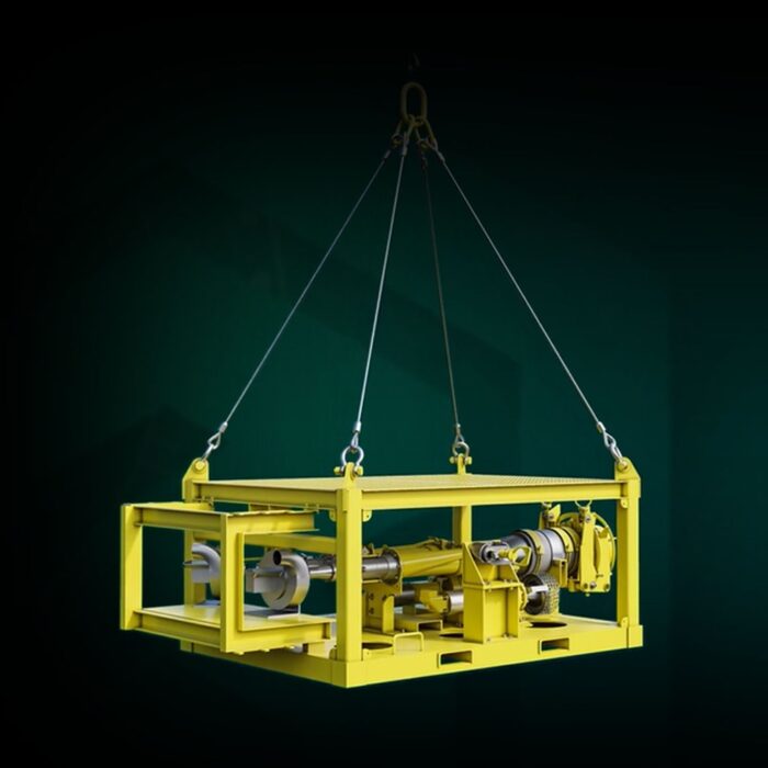 Render of a dredge skid on a four-leg lift, with the pumps and suction lines mounted inside the frame.