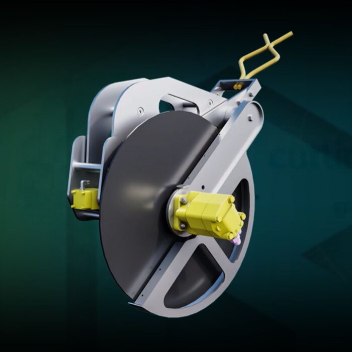 Render of a friction disc cutter with a hydraulic drive motor mounted beside the blade.