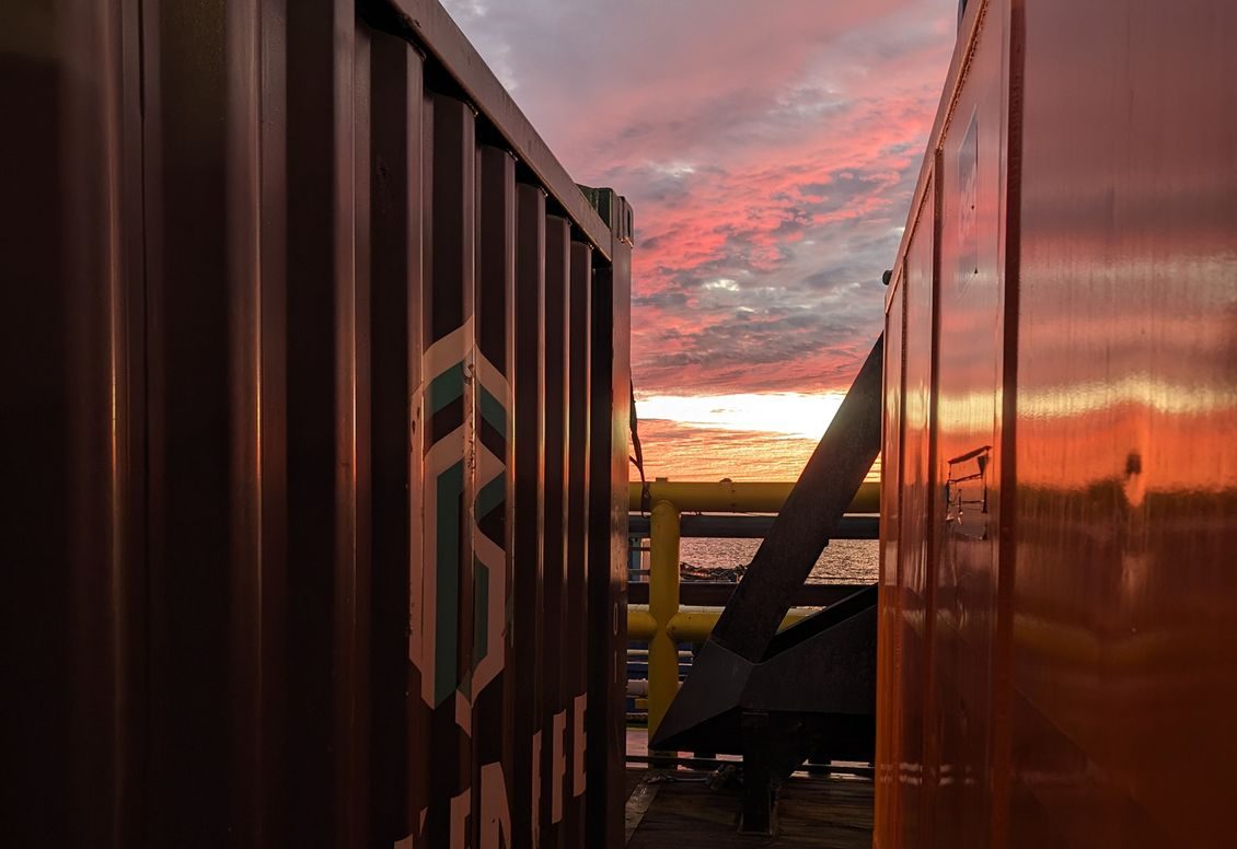 Blakemere offshore workshop containers on deck at sunset
